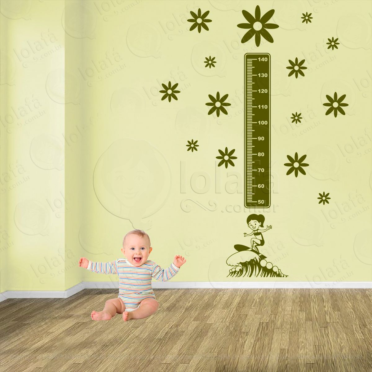 surf e flores adesivo régua de crescimento infantil, medidor de altura para quarto, porta e parede - mod:422