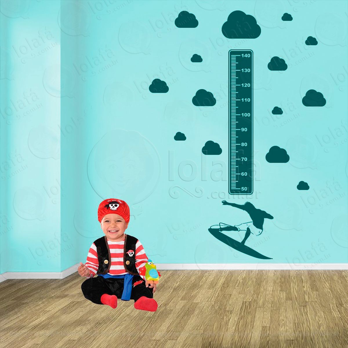 surf e nuvens adesivo régua de crescimento infantil, medidor de altura para quarto, porta e parede - mod:423