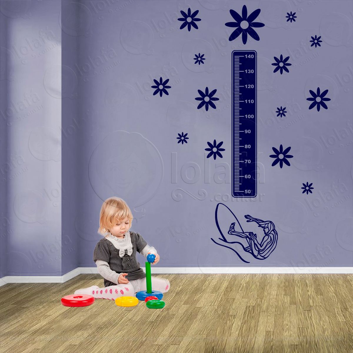 surf e flores adesivo régua de crescimento infantil, medidor de altura para quarto, porta e parede - mod:426
