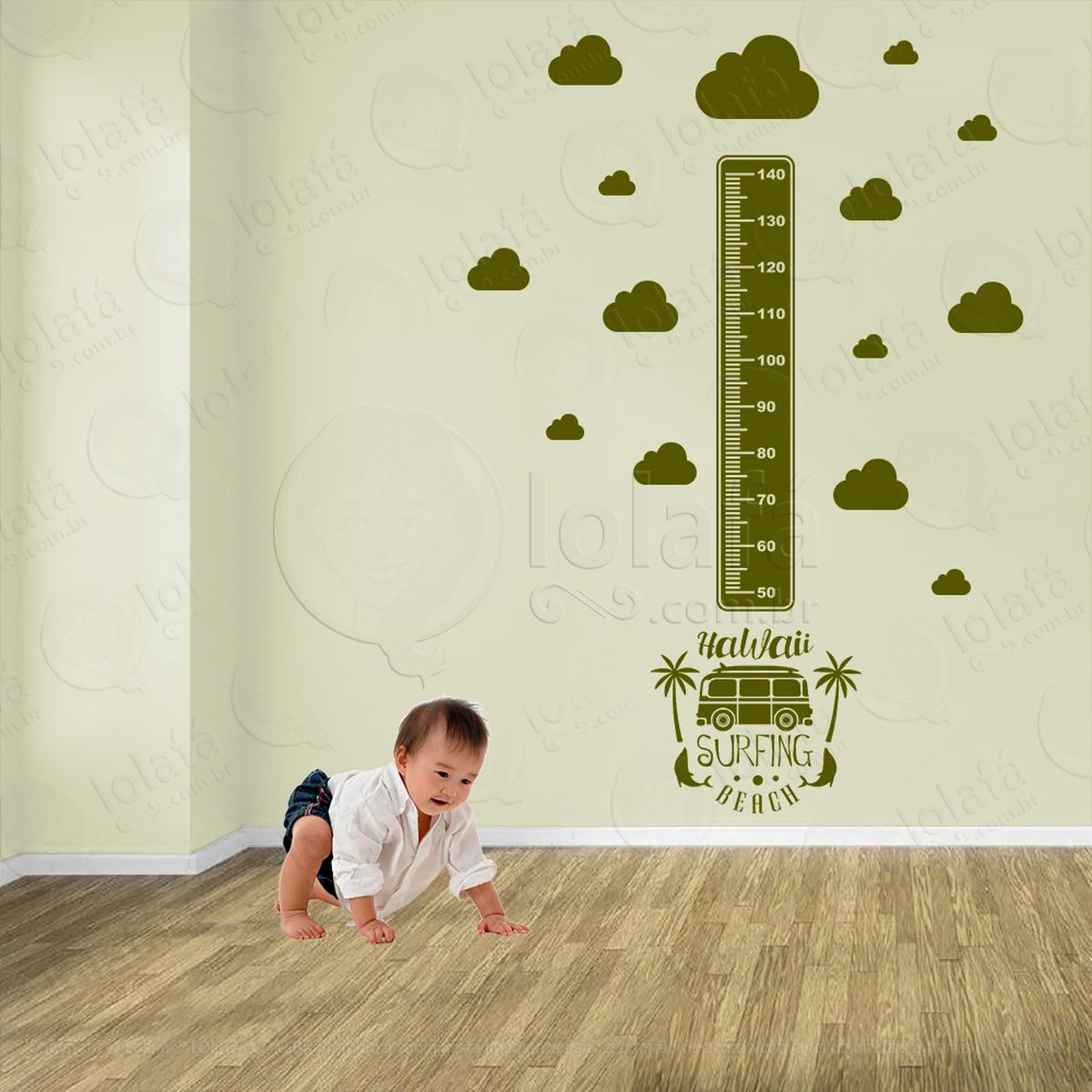 surf e nuvens adesivo régua de crescimento infantil, medidor de altura para quarto, porta e parede - mod:427