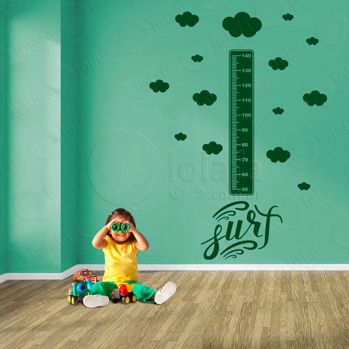 surf e nuvens adesivo régua de crescimento infantil, medidor de altura para quarto, porta e parede - mod:431