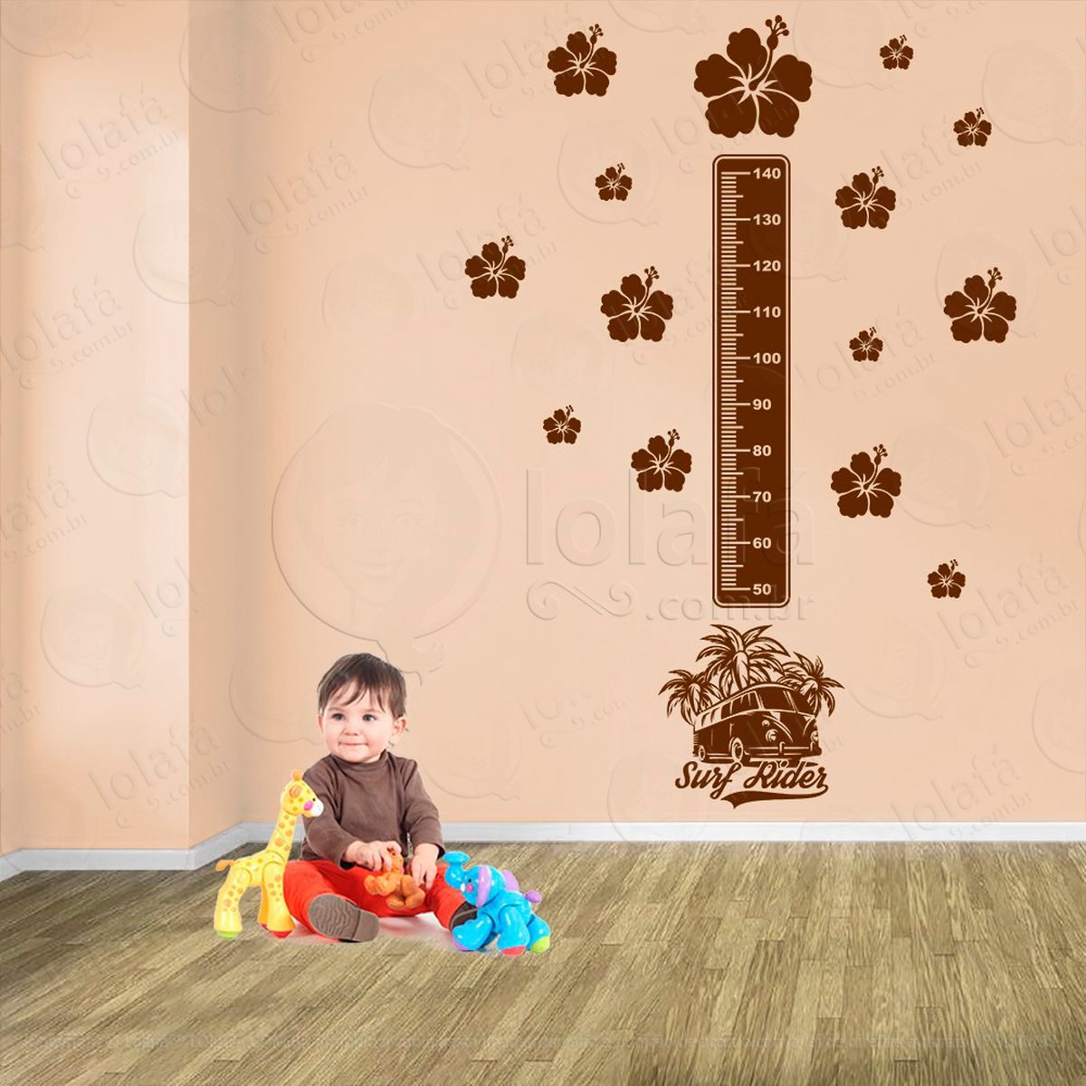 surf e flores adesivo régua de crescimento infantil, medidor de altura para quarto, porta e parede - mod:432