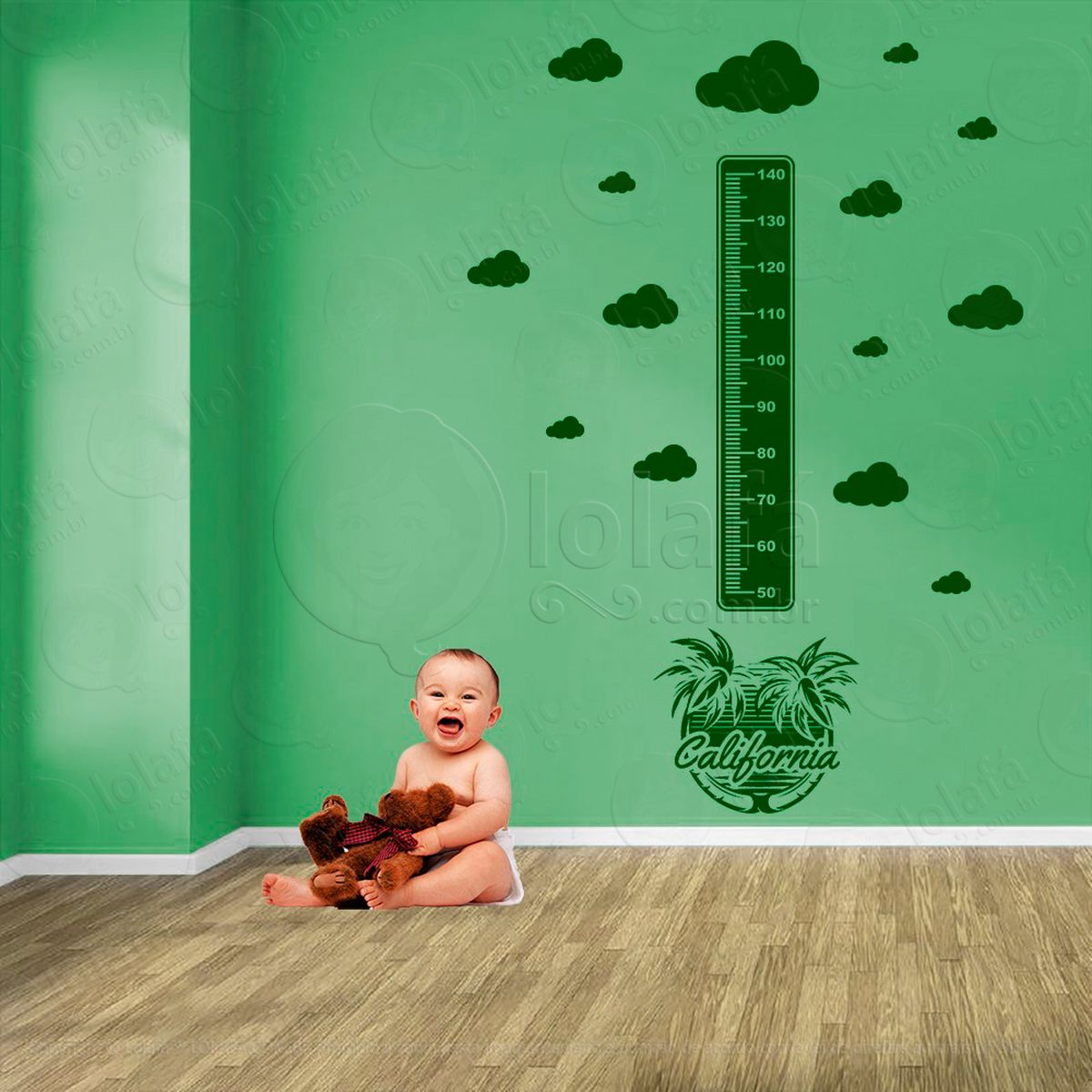 surf e nuvens adesivo régua de crescimento infantil, medidor de altura para quarto, porta e parede - mod:433