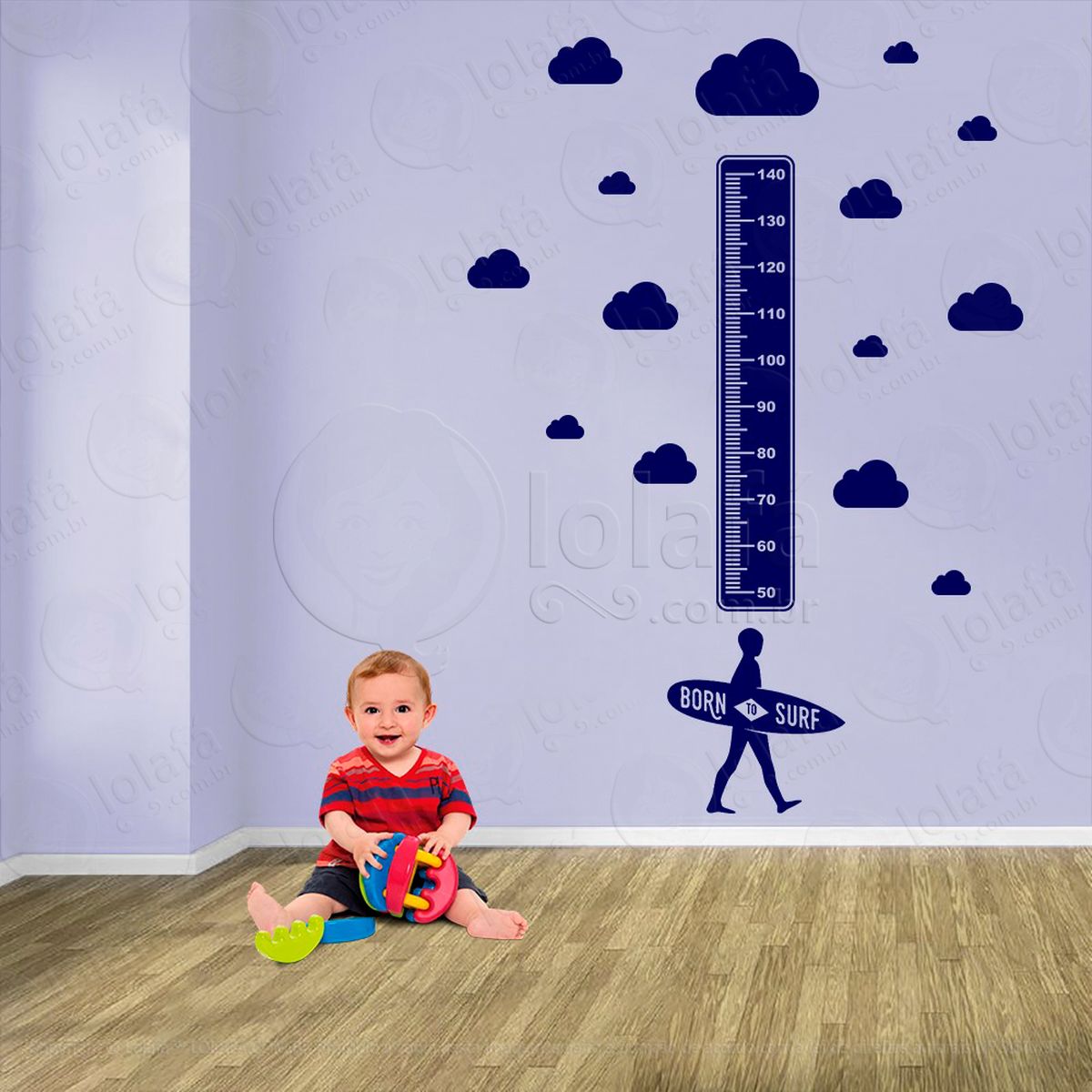 surf e nuvens adesivo régua de crescimento infantil, medidor de altura para quarto, porta e parede - mod:437