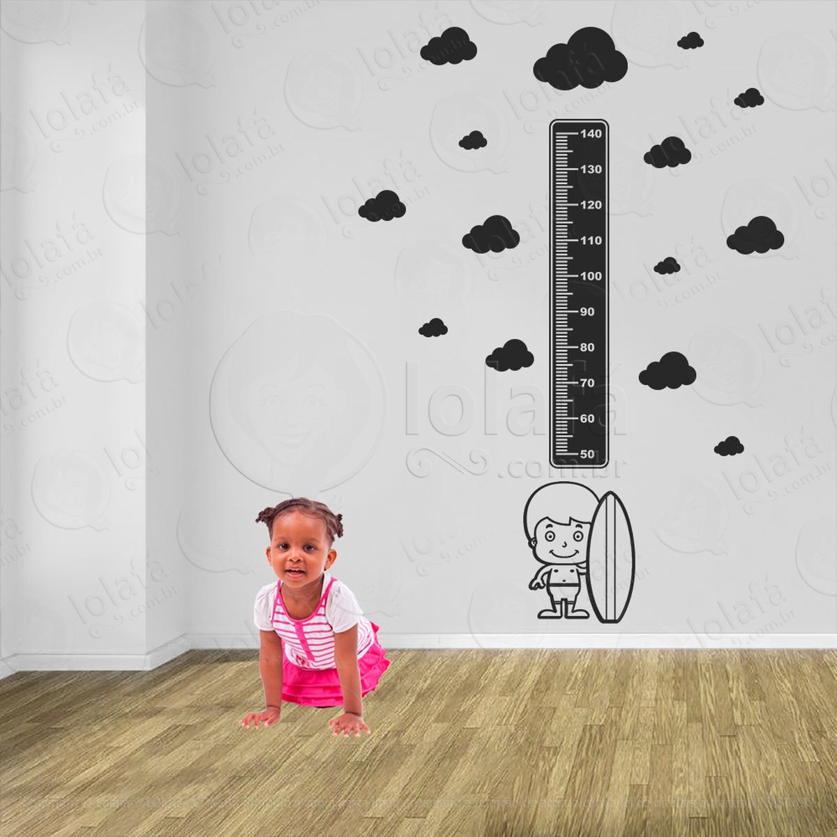 surf e nuvens adesivo régua de crescimento infantil, medidor de altura para quarto, porta e parede - mod:441