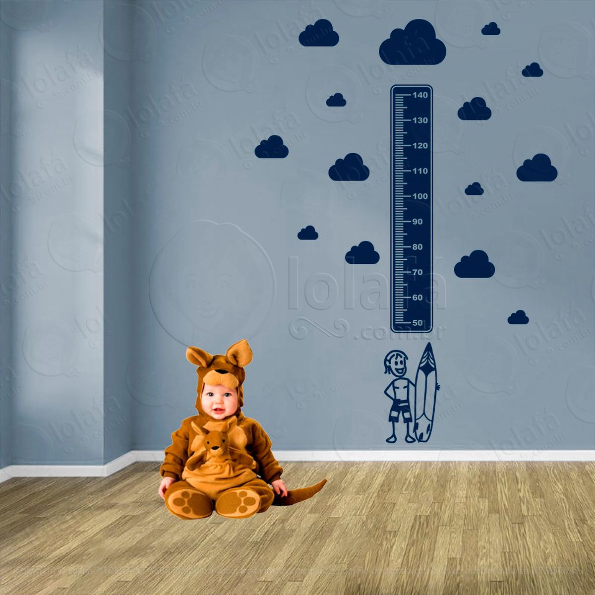 surf e nuvens adesivo régua de crescimento infantil, medidor de altura para quarto, porta e parede - mod:443