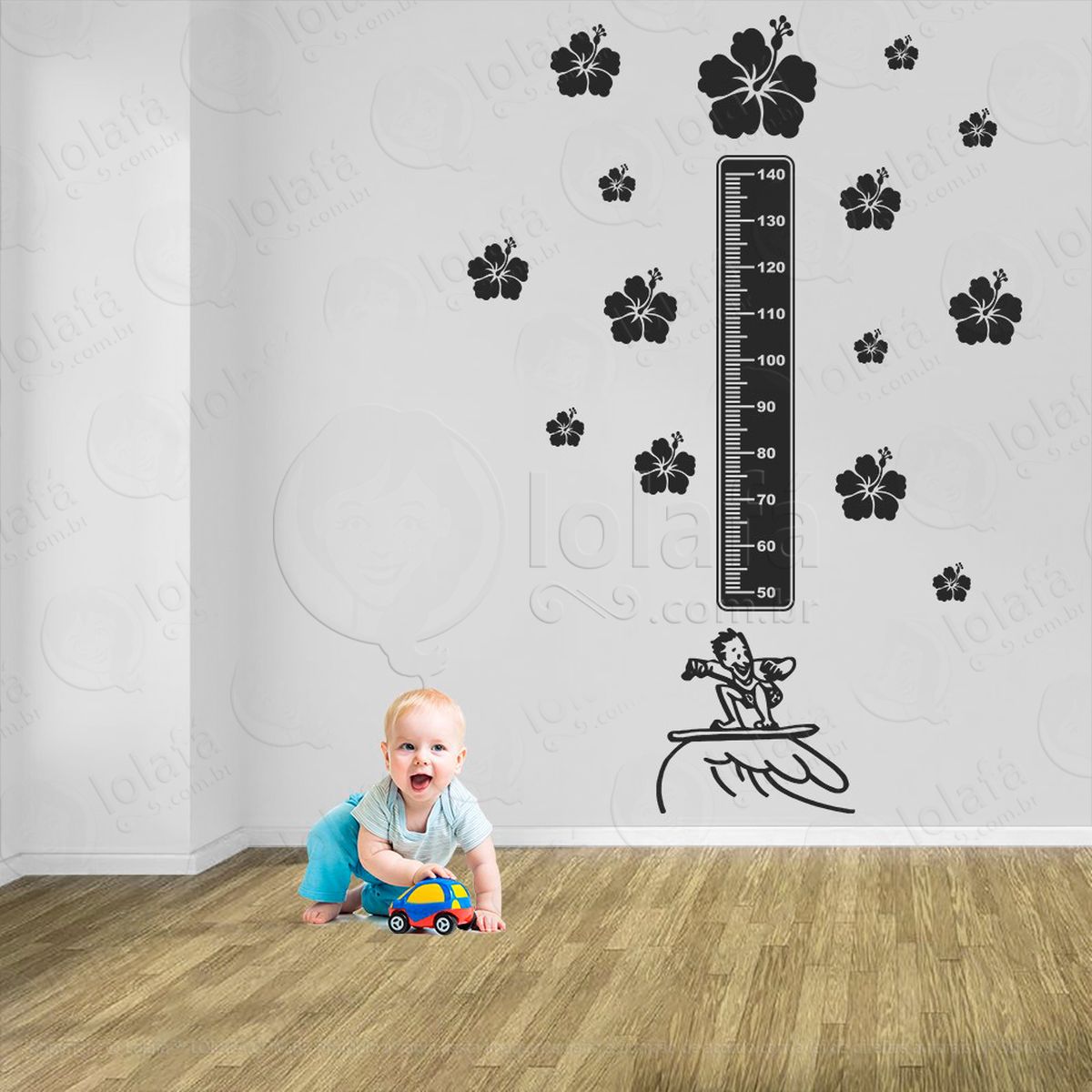 surf e flores adesivo régua de crescimento infantil, medidor de altura para quarto, porta e parede - mod:444