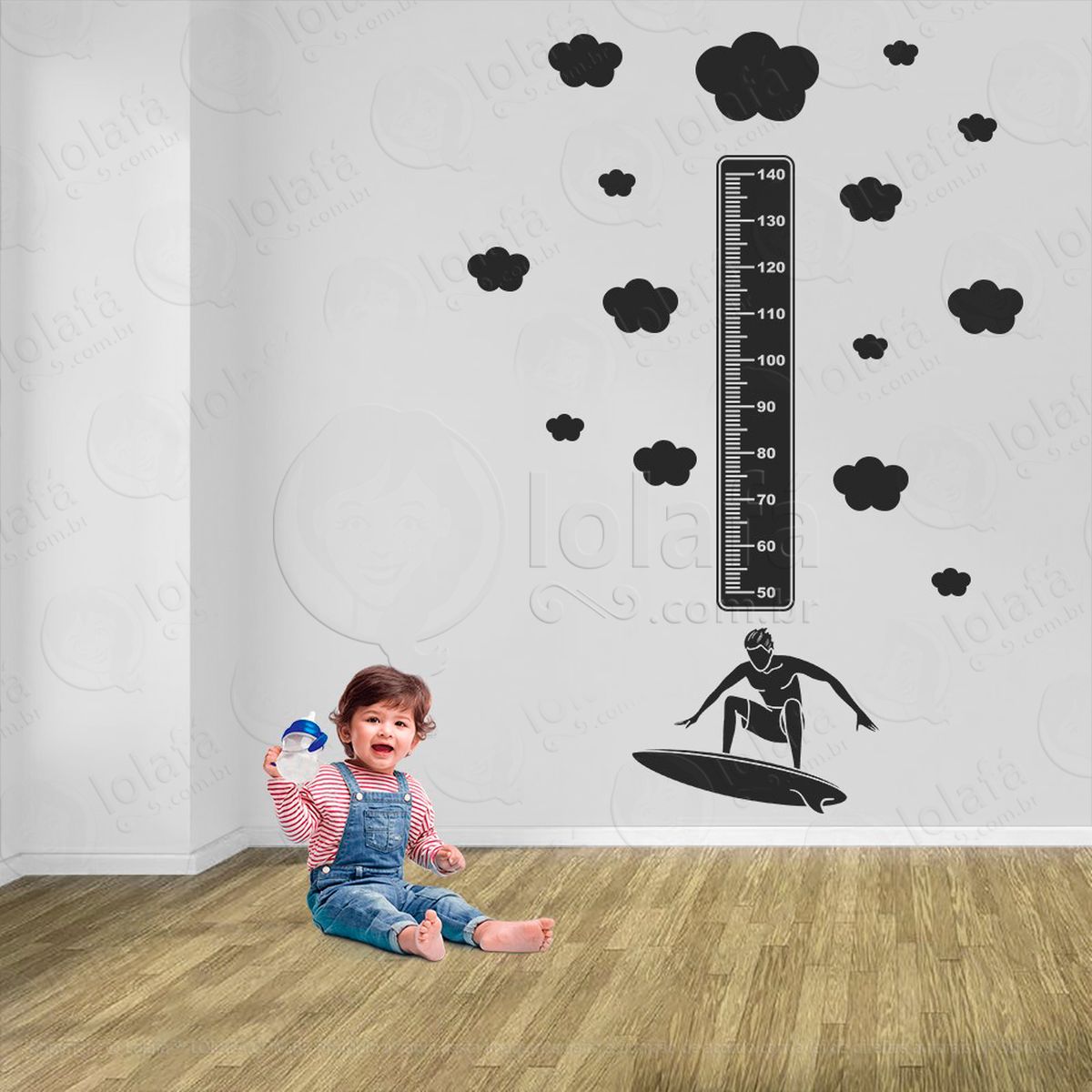 surf e nuvens adesivo régua de crescimento infantil, medidor de altura para quarto, porta e parede - mod:445