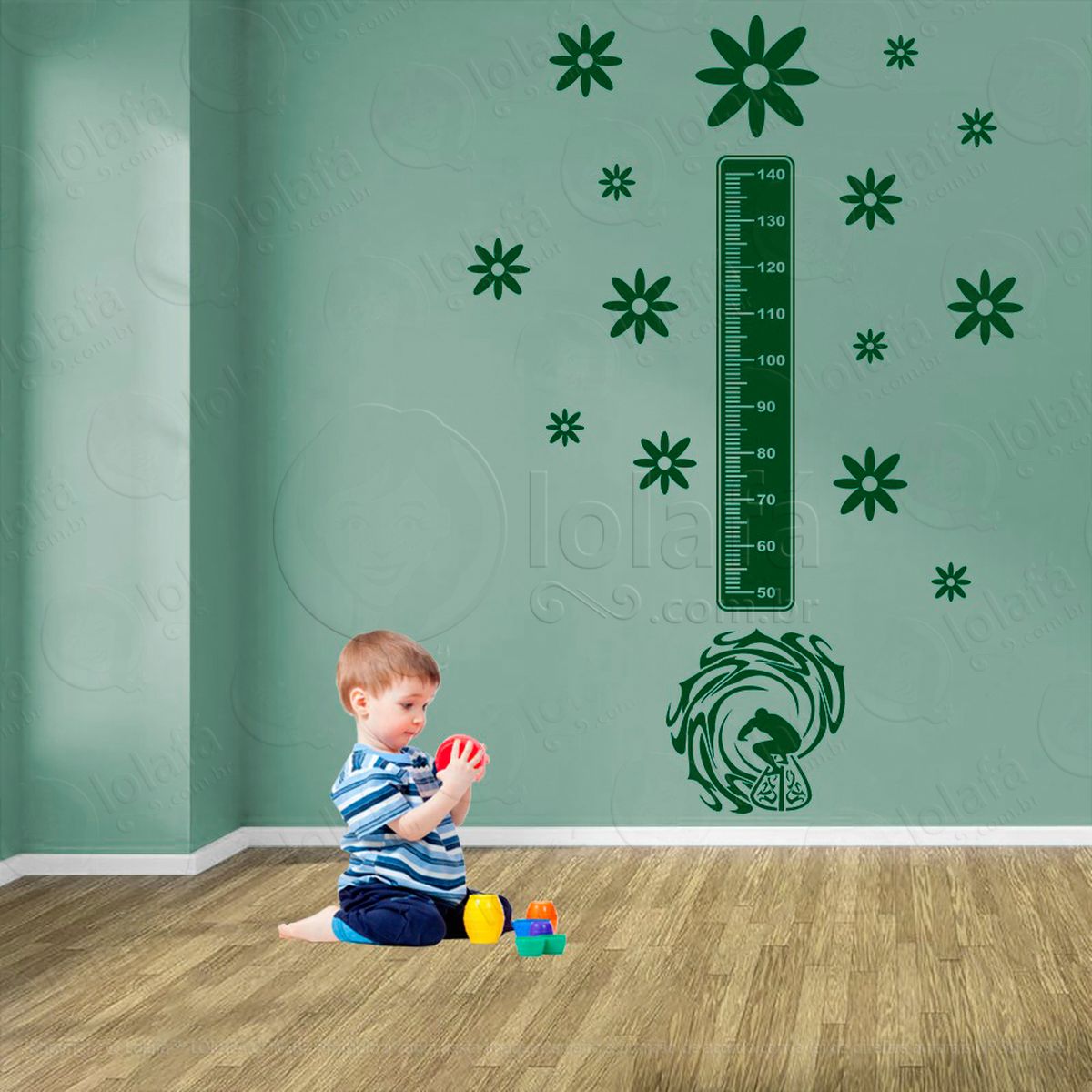 surf e flores adesivo régua de crescimento infantil, medidor de altura para quarto, porta e parede - mod:446