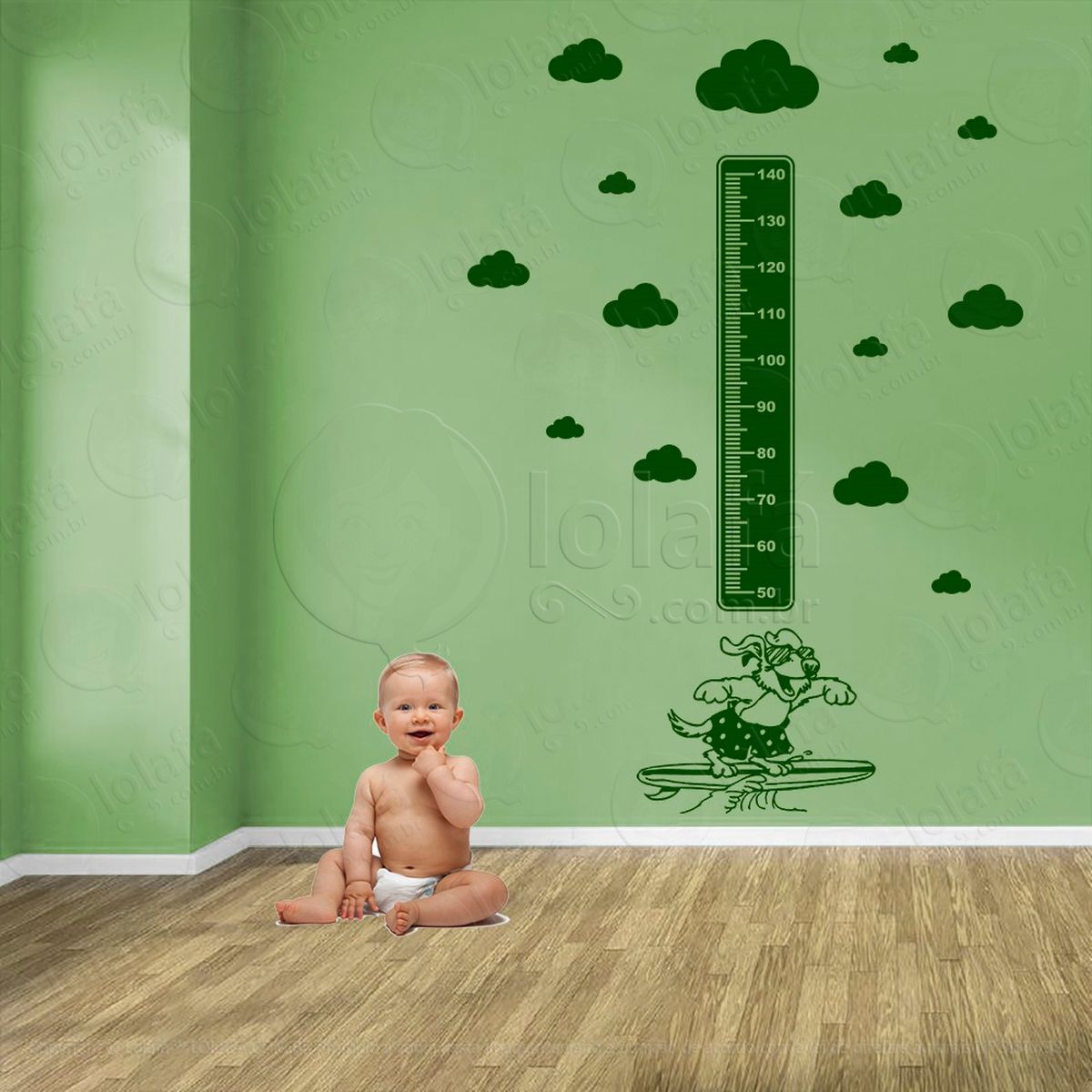 surf e nuvens adesivo régua de crescimento infantil, medidor de altura para quarto, porta e parede - mod:451