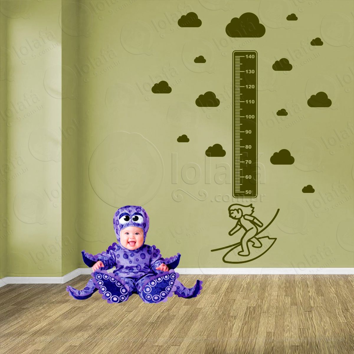 surf e nuvens adesivo régua de crescimento infantil, medidor de altura para quarto, porta e parede - mod:453