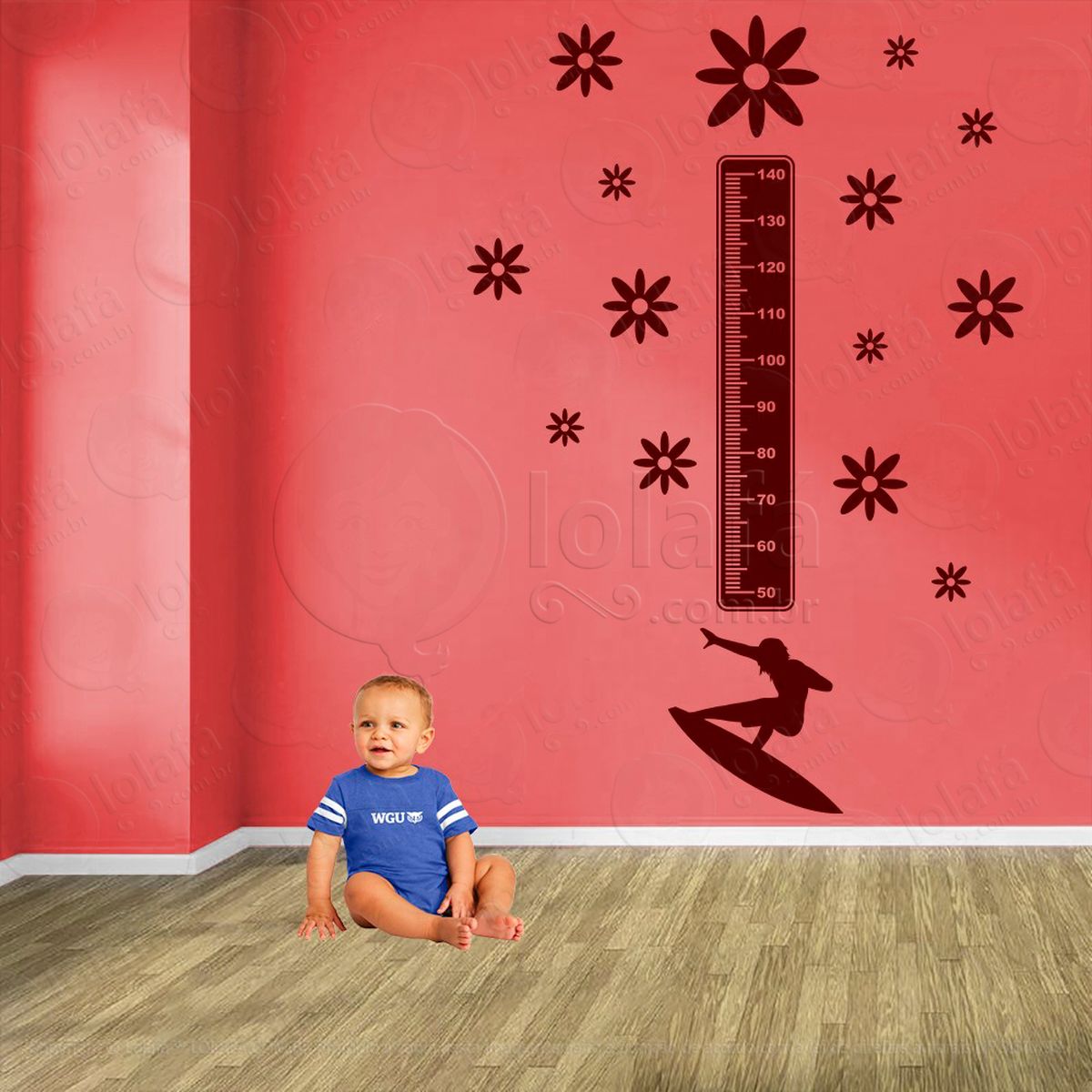 surf e flores adesivo régua de crescimento infantil, medidor de altura para quarto, porta e parede - mod:454
