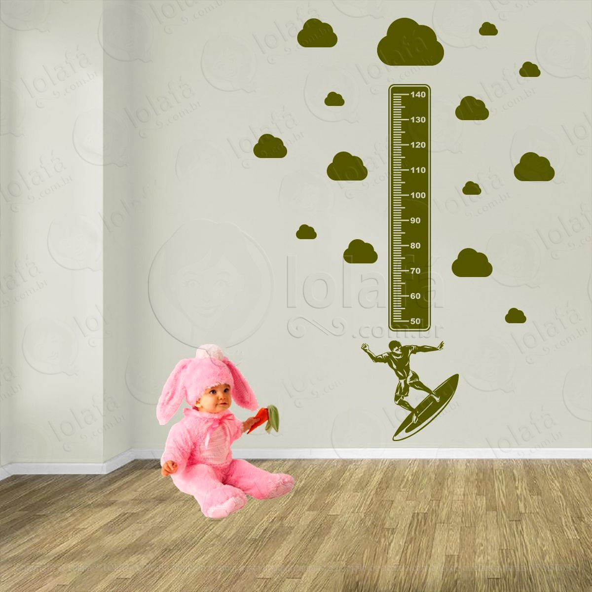 surf e nuvens adesivo régua de crescimento infantil, medidor de altura para quarto, porta e parede - mod:455