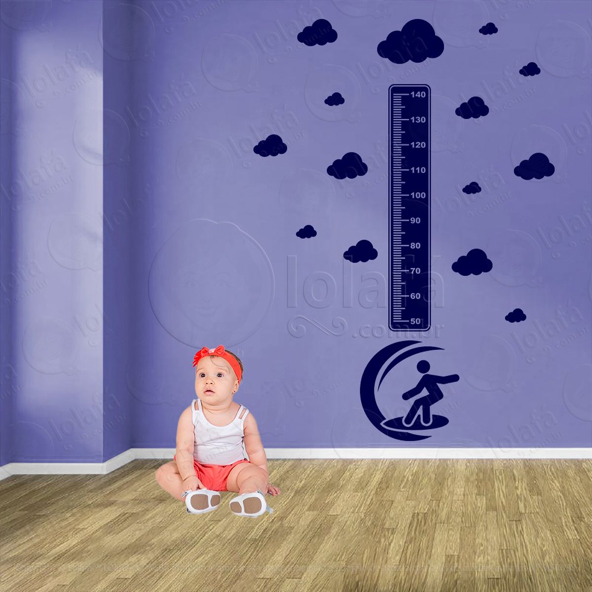 surf e nuvens adesivo régua de crescimento infantil, medidor de altura para quarto, porta e parede - mod:457