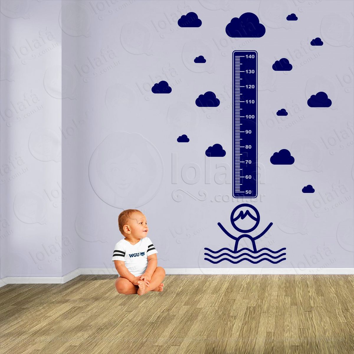 natação e nuvens adesivo régua de crescimento infantil, medidor de altura para quarto, porta e parede - mod:459