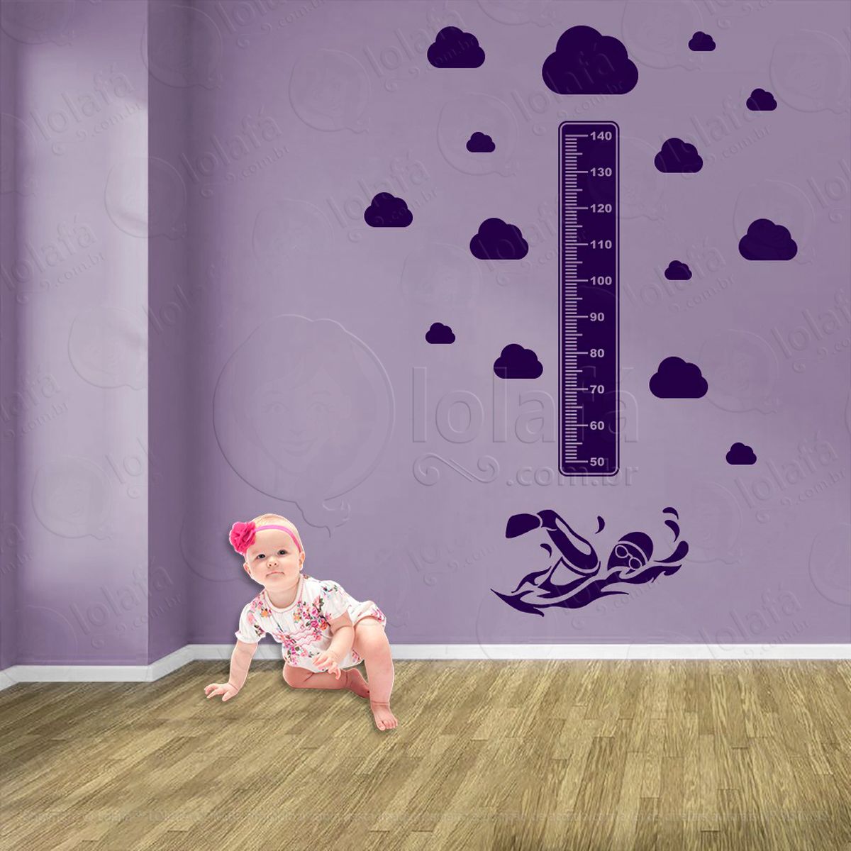 natação e nuvens adesivo régua de crescimento infantil, medidor de altura para quarto, porta e parede - mod:460