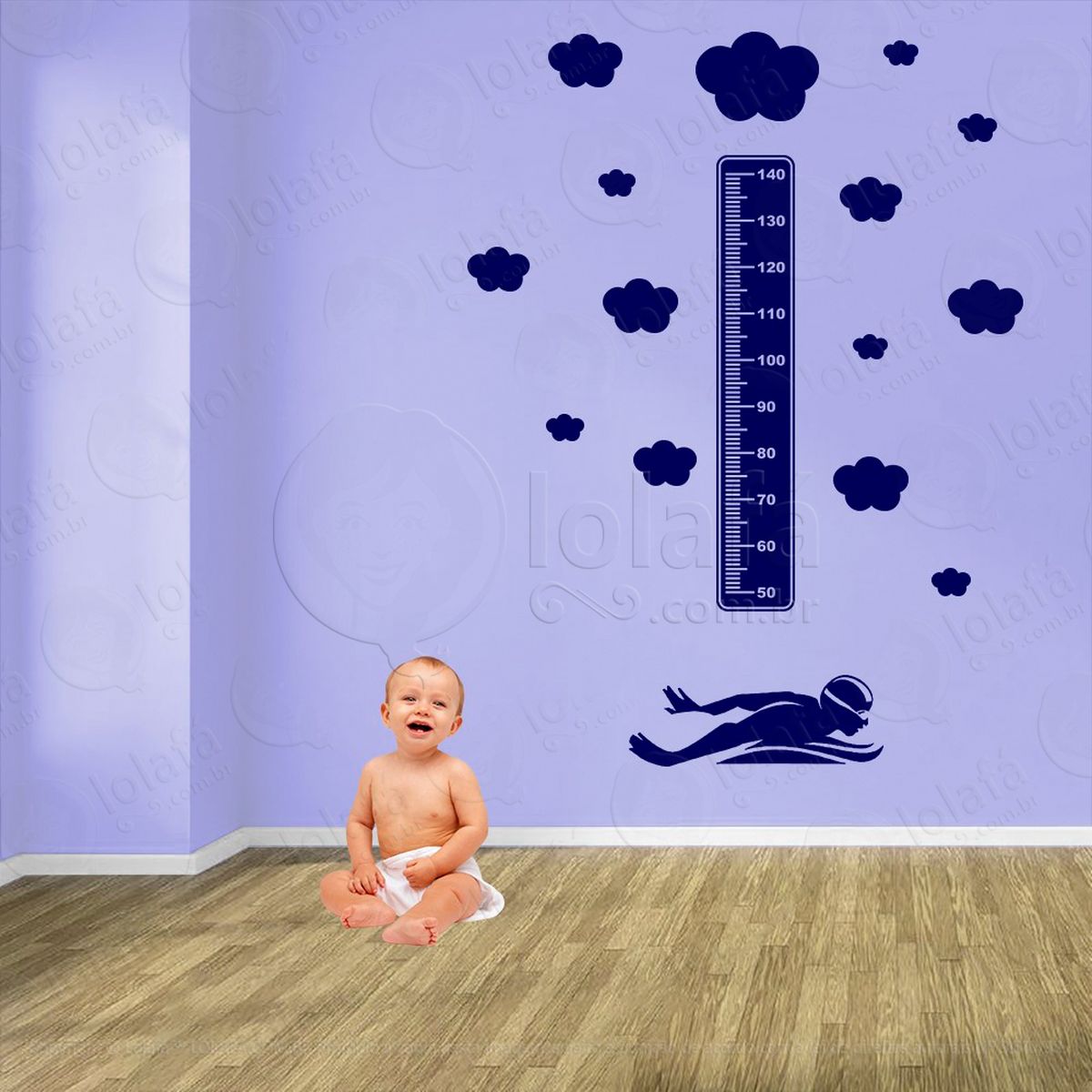 natação e nuvens adesivo régua de crescimento infantil, medidor de altura para quarto, porta e parede - mod:463