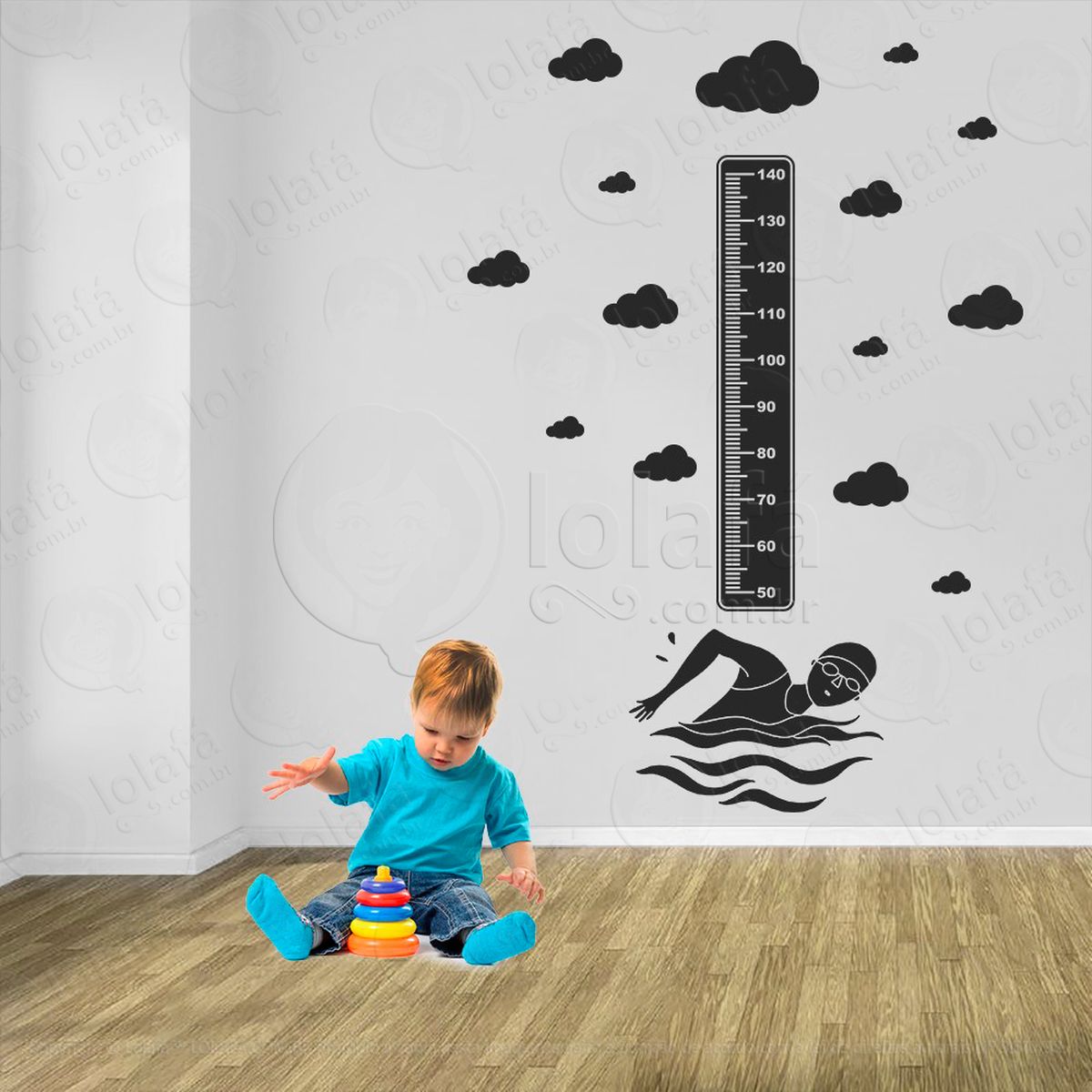 natação e nuvens adesivo régua de crescimento infantil, medidor de altura para quarto, porta e parede - mod:465
