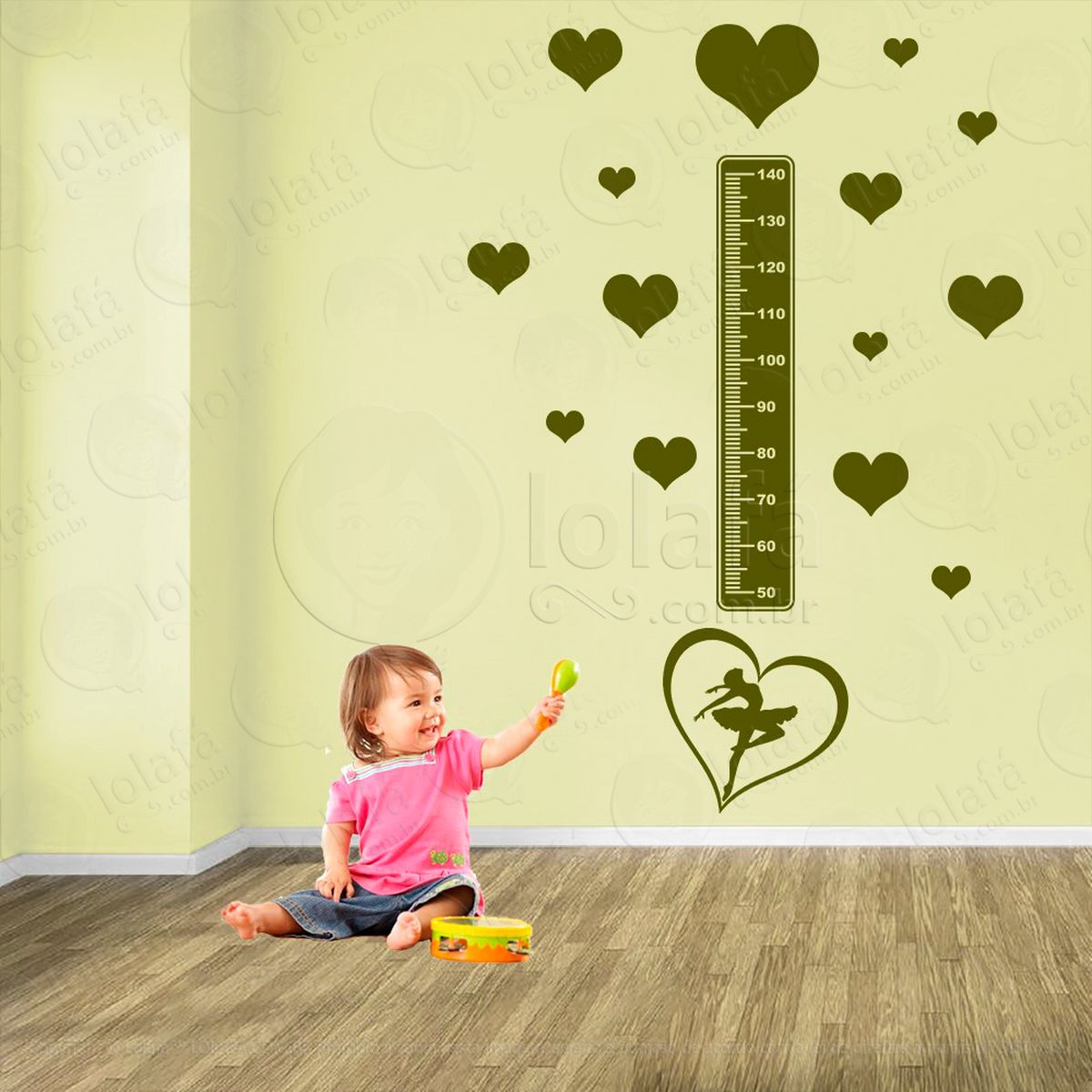 balé e corações adesivo régua de crescimento infantil, medidor de altura para quarto, porta e parede - mod:496