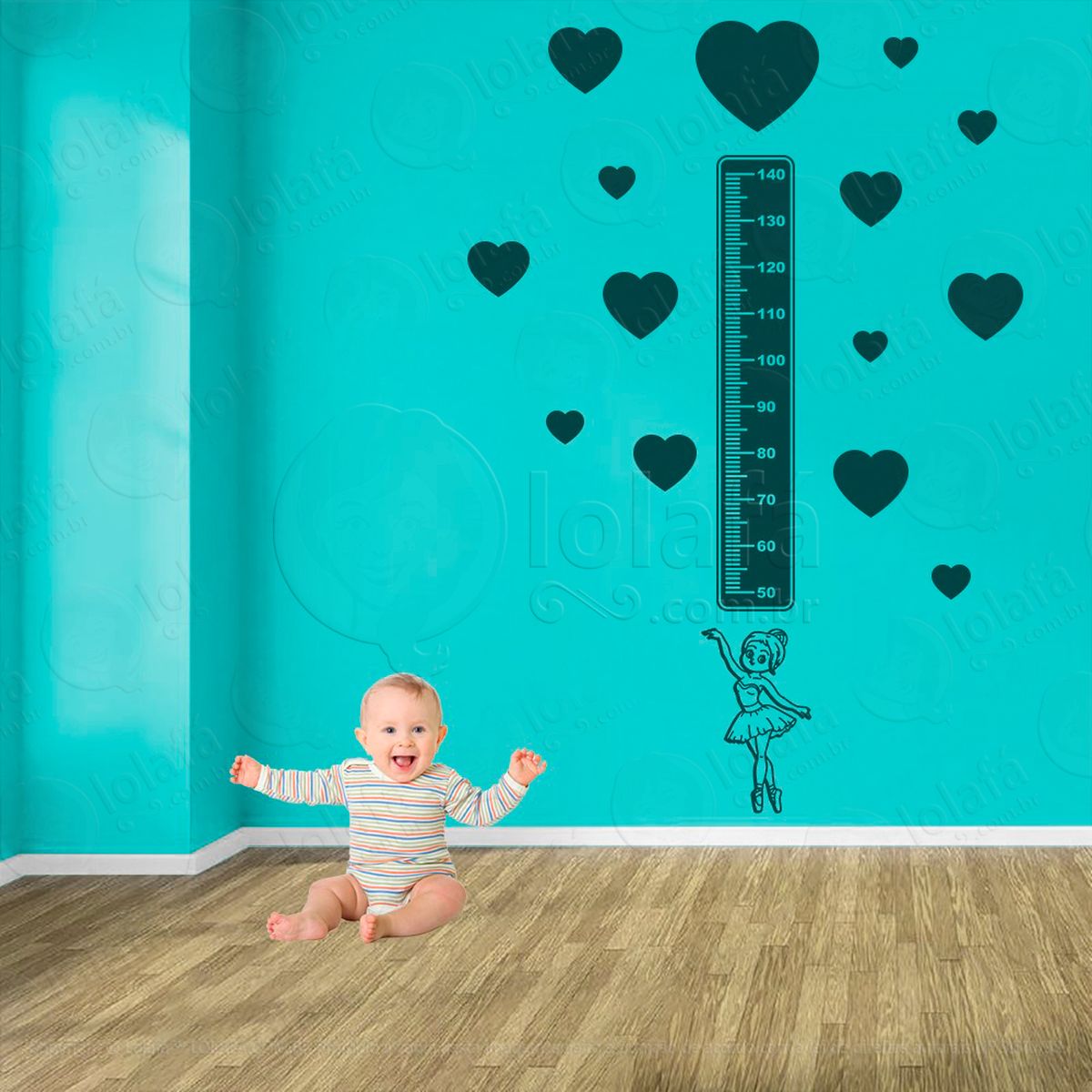 balé e corações adesivo régua de crescimento infantil, medidor de altura para quarto, porta e parede - mod:502