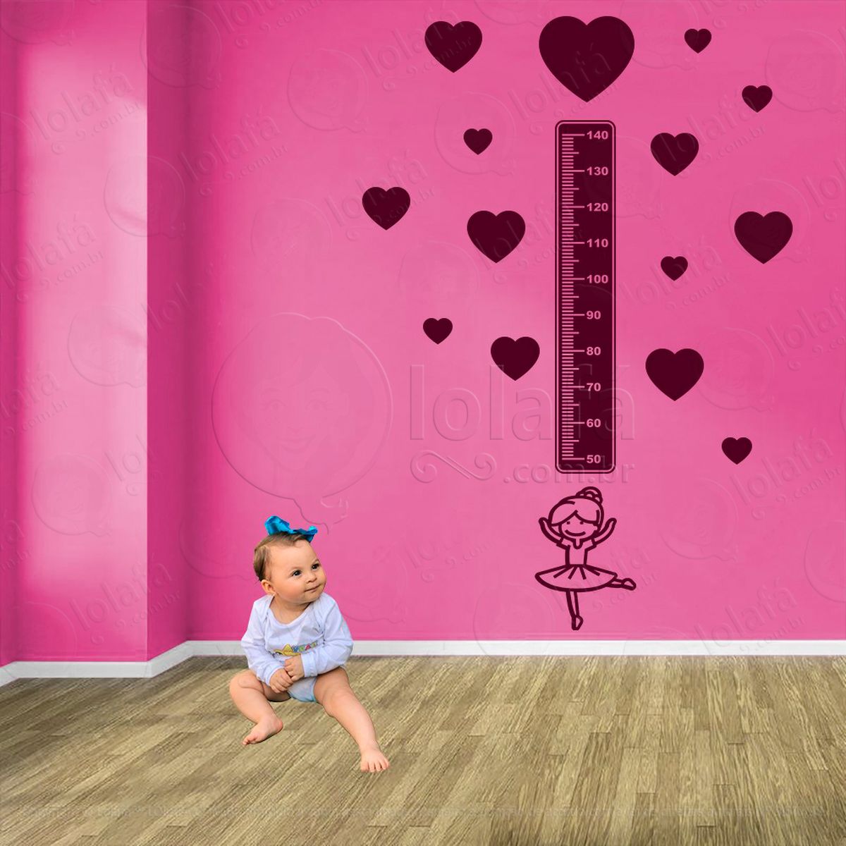 balé e corações adesivo régua de crescimento infantil, medidor de altura para quarto, porta e parede - mod:519
