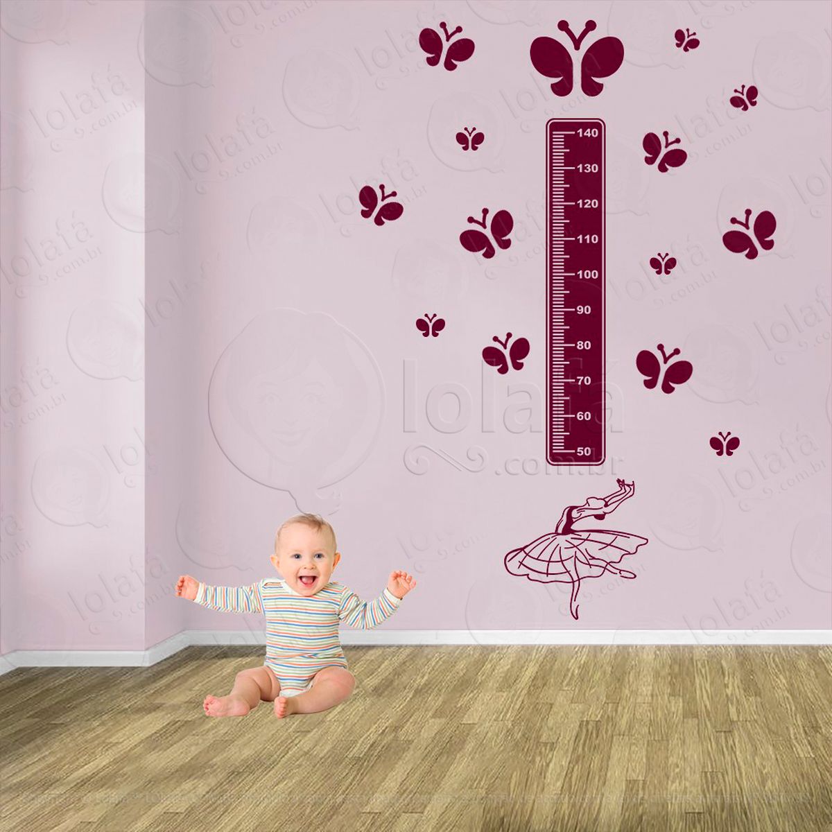 balé e borboletas adesivo régua de crescimento infantil, medidor de altura para quarto, porta e parede - mod:522
