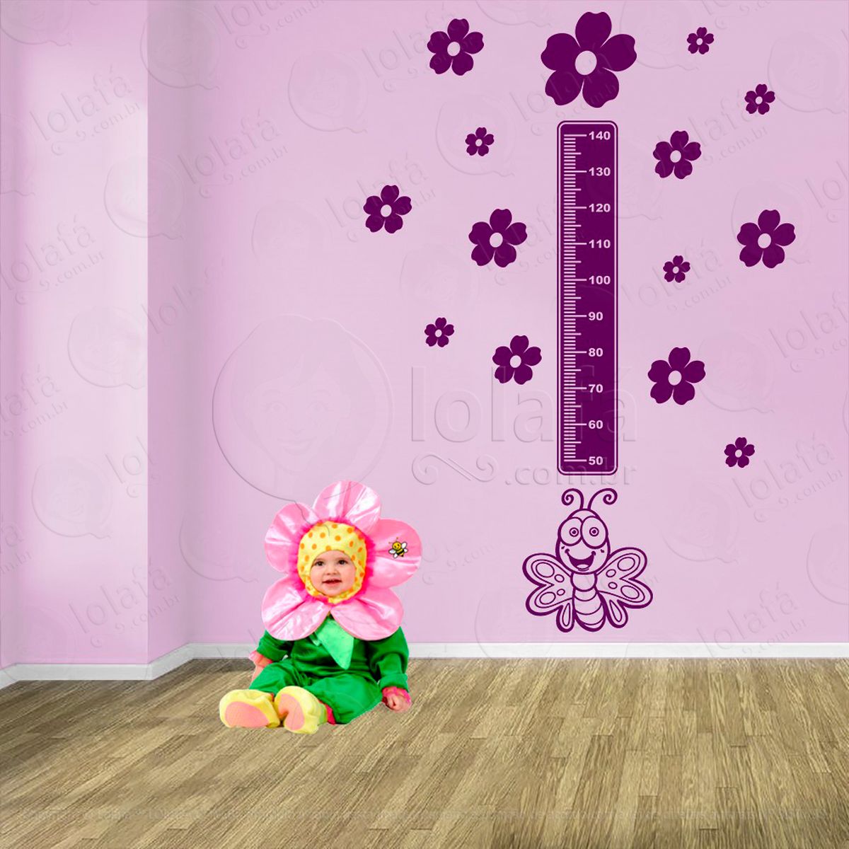 borboleta e flores adesivo régua de crescimento infantil, medidor de altura para quarto, porta e parede - mod:536