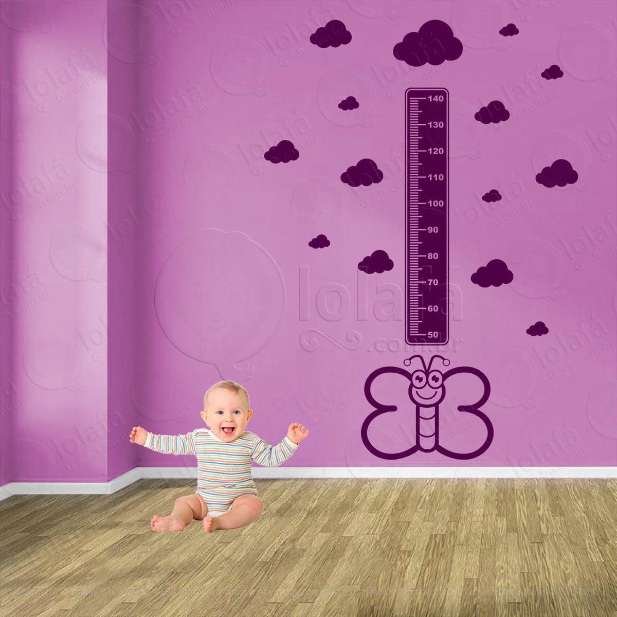 borboleta e nuvens adesivo régua de crescimento infantil, medidor de altura para quarto, porta e parede - mod:546
