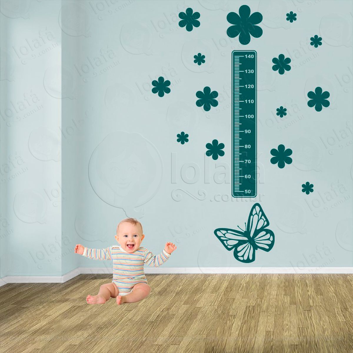 borboleta e flores adesivo régua de crescimento infantil, medidor de altura para quarto, porta e parede - mod:548