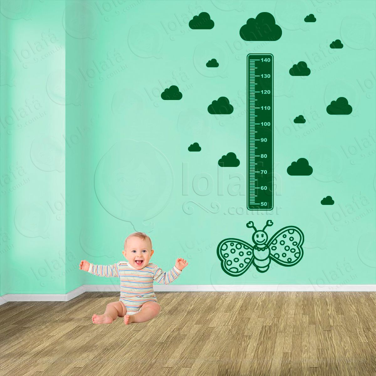 borboleta e nuvens adesivo régua de crescimento infantil, medidor de altura para quarto, porta e parede - mod:549