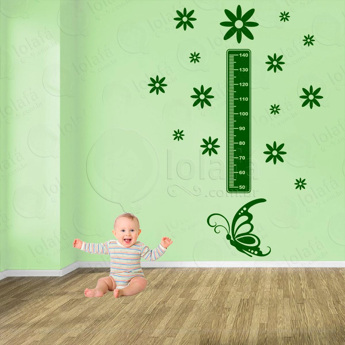 borboleta e flores adesivo régua de crescimento infantil, medidor de altura para quarto, porta e parede - mod:551