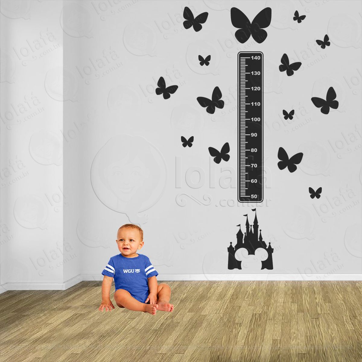 castelo e borboletas adesivo régua de crescimento infantil, medidor de altura para quarto, porta e parede - mod:554
