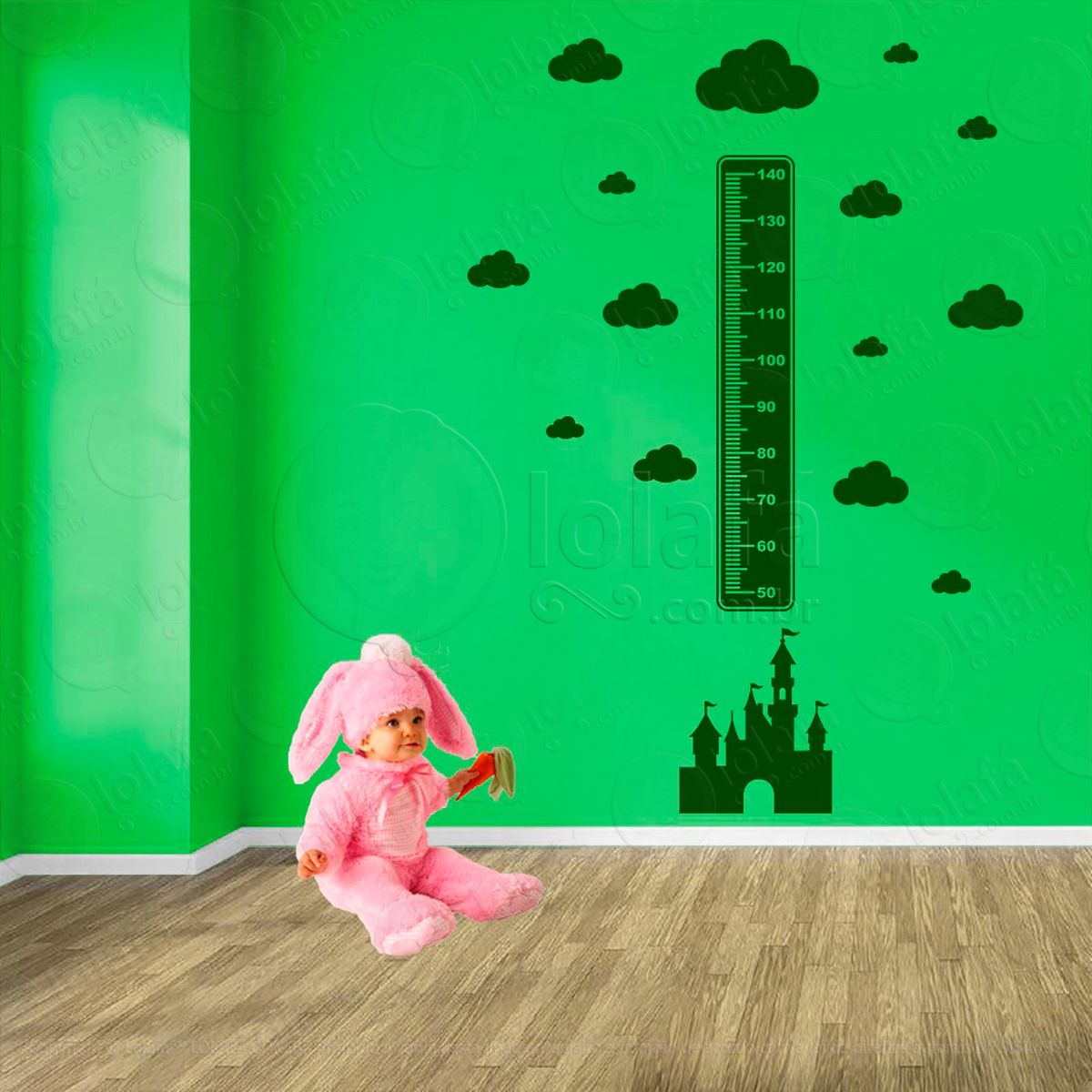 castelo e nuvens adesivo régua de crescimento infantil, medidor de altura para quarto, porta e parede - mod:555