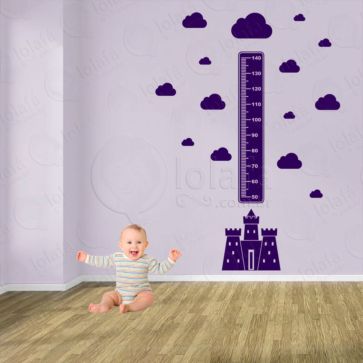 castelo e nuvens adesivo régua de crescimento infantil, medidor de altura para quarto, porta e parede - mod:559