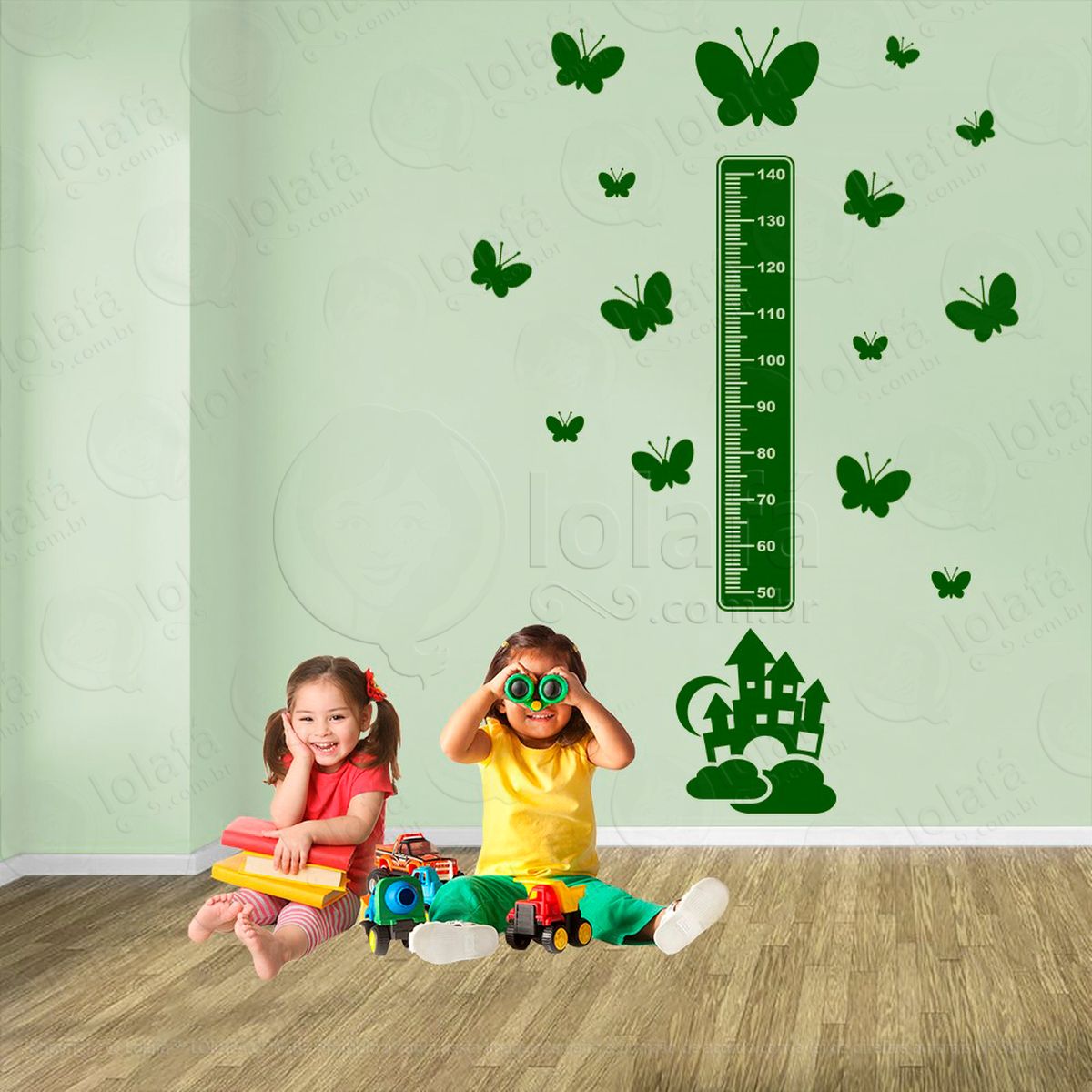 castelo e borboletas adesivo régua de crescimento infantil, medidor de altura para quarto, porta e parede - mod:562