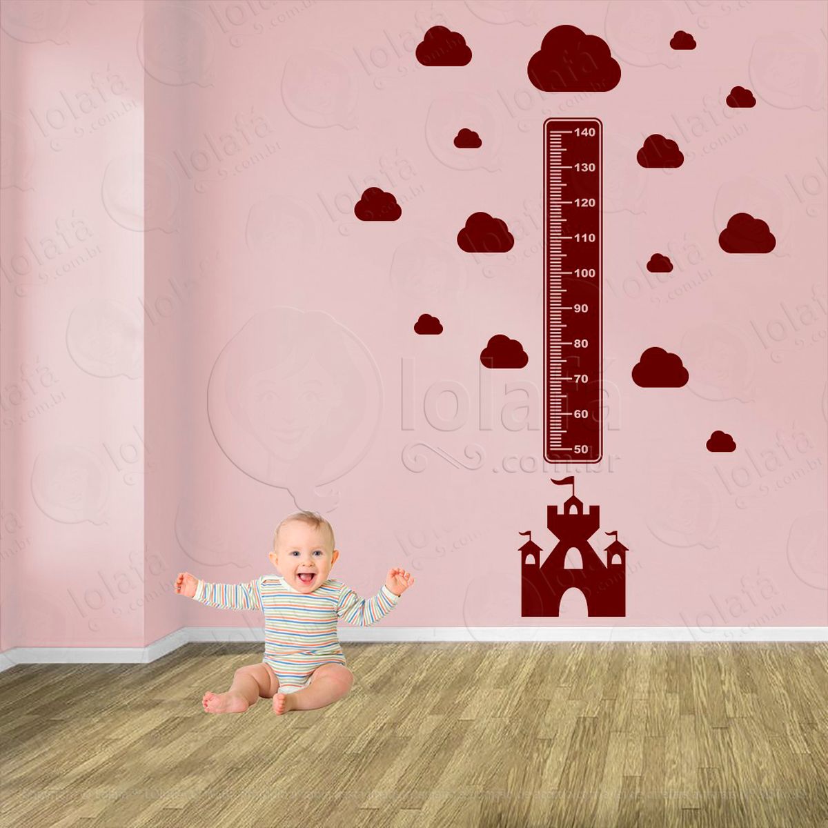 castelo e nuvens adesivo régua de crescimento infantil, medidor de altura para quarto, porta e parede - mod:563