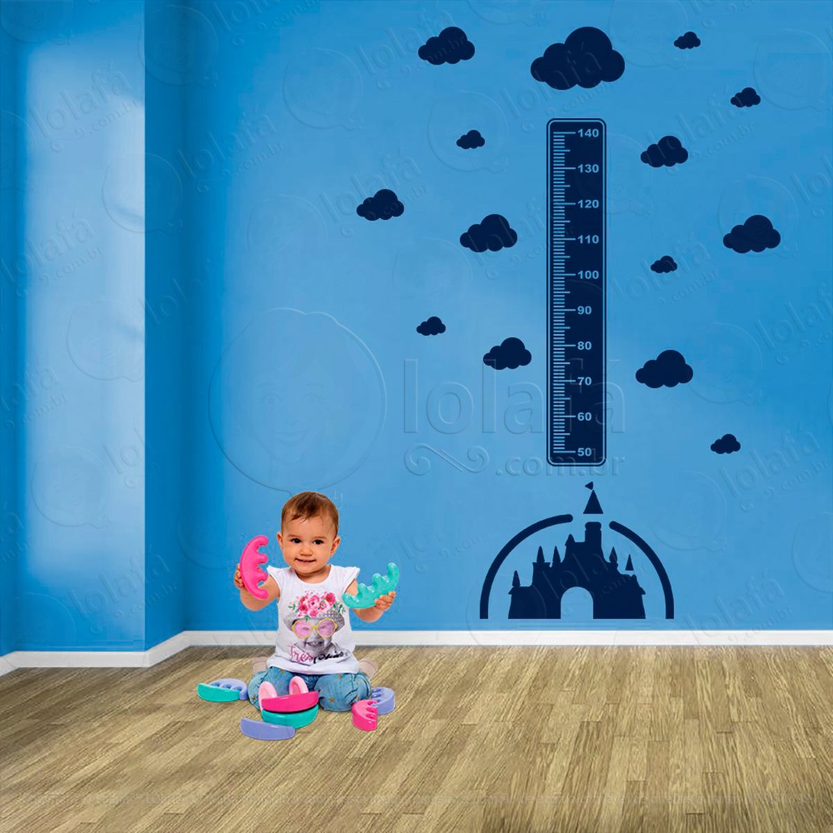 castelo e nuvens adesivo régua de crescimento infantil, medidor de altura para quarto, porta e parede - mod:567