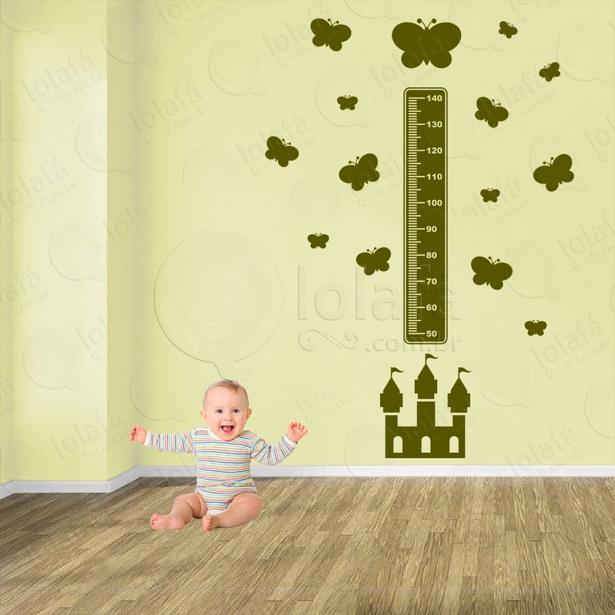 castelo e borboletas adesivo régua de crescimento infantil, medidor de altura para quarto, porta e parede - mod:570