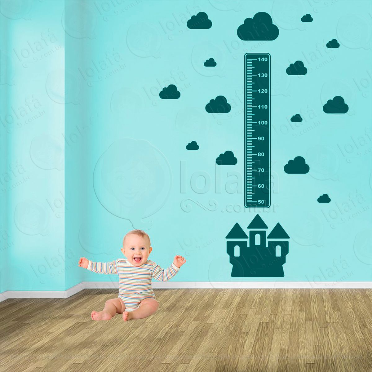 castelo e nuvens adesivo régua de crescimento infantil, medidor de altura para quarto, porta e parede - mod:571
