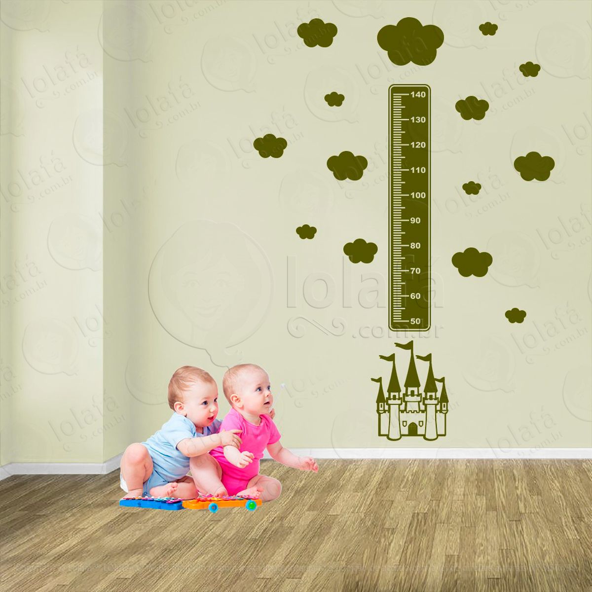castelo e nuvens adesivo régua de crescimento infantil, medidor de altura para quarto, porta e parede - mod:575