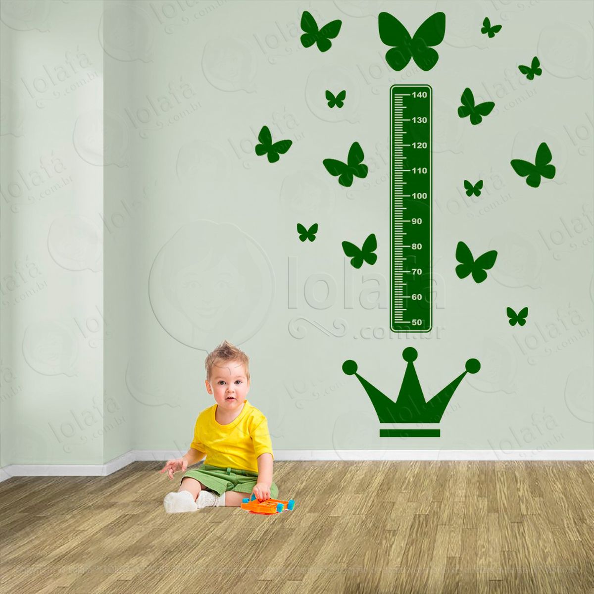 coroa e borboletas adesivo régua de crescimento infantil, medidor de altura para quarto, porta e parede - mod:577