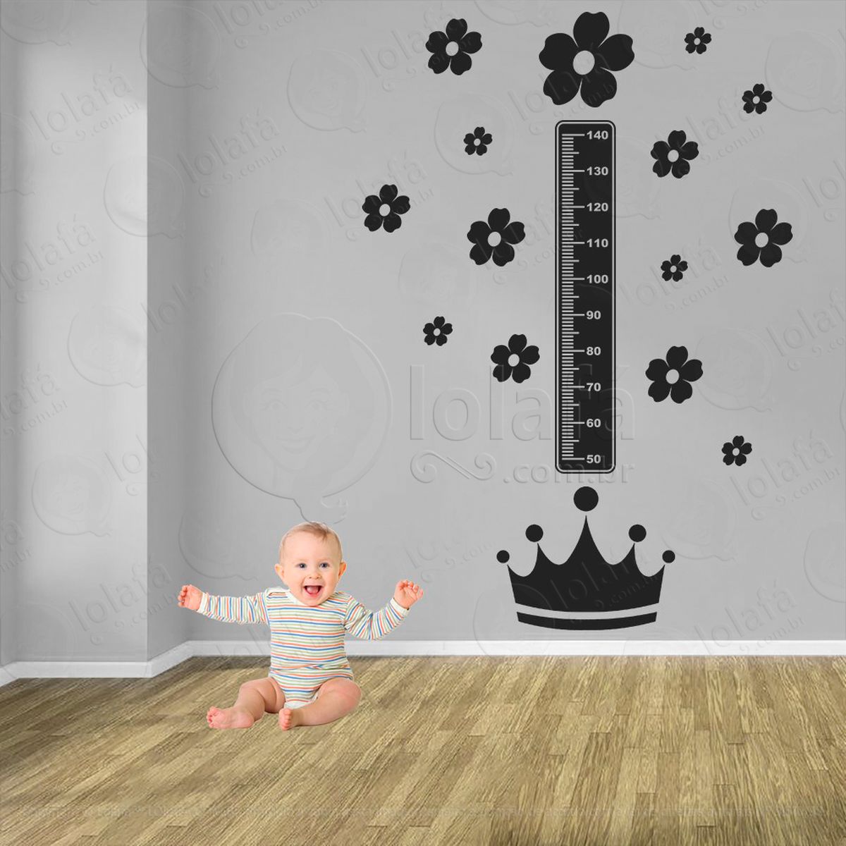 coroa e flores adesivo régua de crescimento infantil, medidor de altura para quarto, porta e parede - mod:578