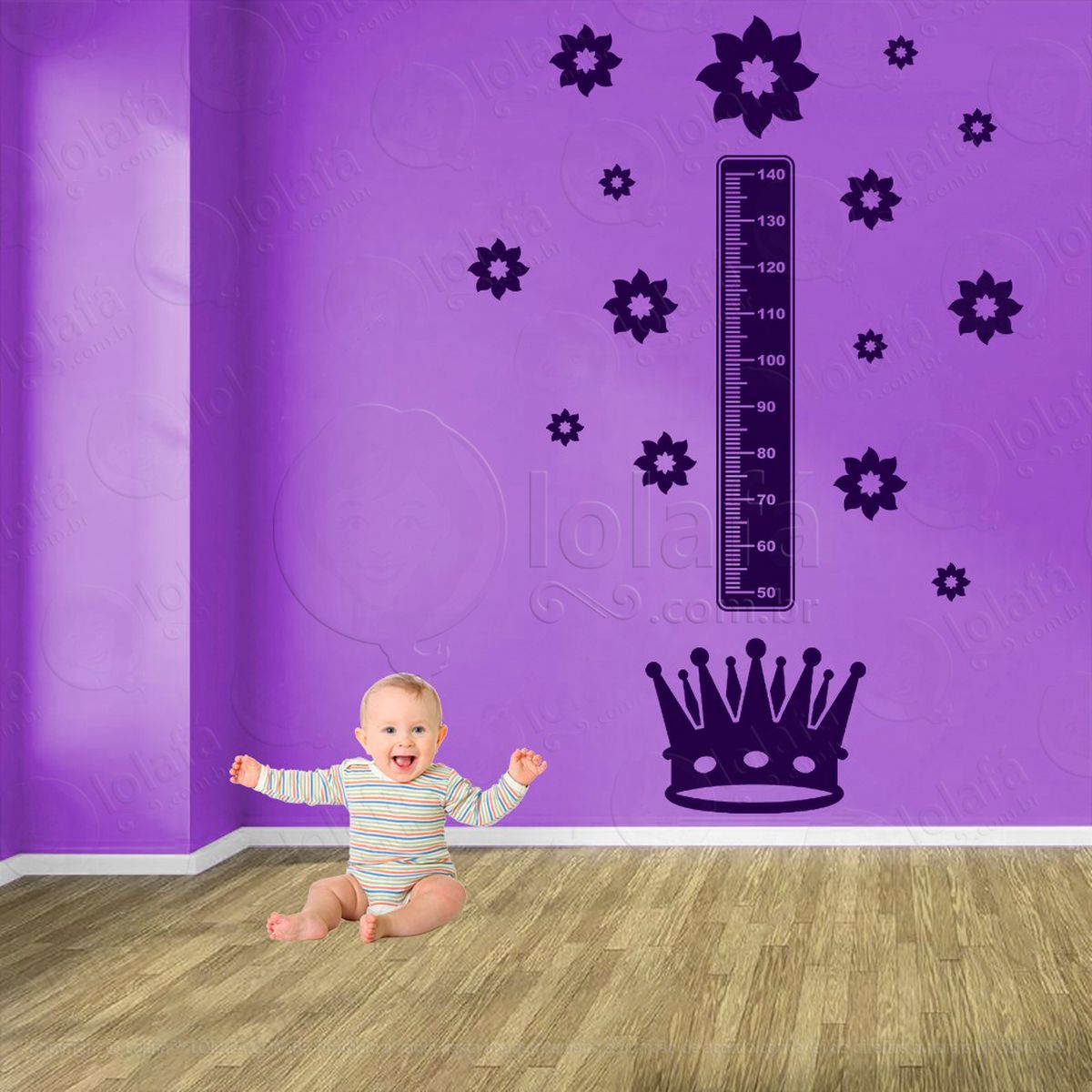coroa e flores adesivo régua de crescimento infantil, medidor de altura para quarto, porta e parede - mod:582