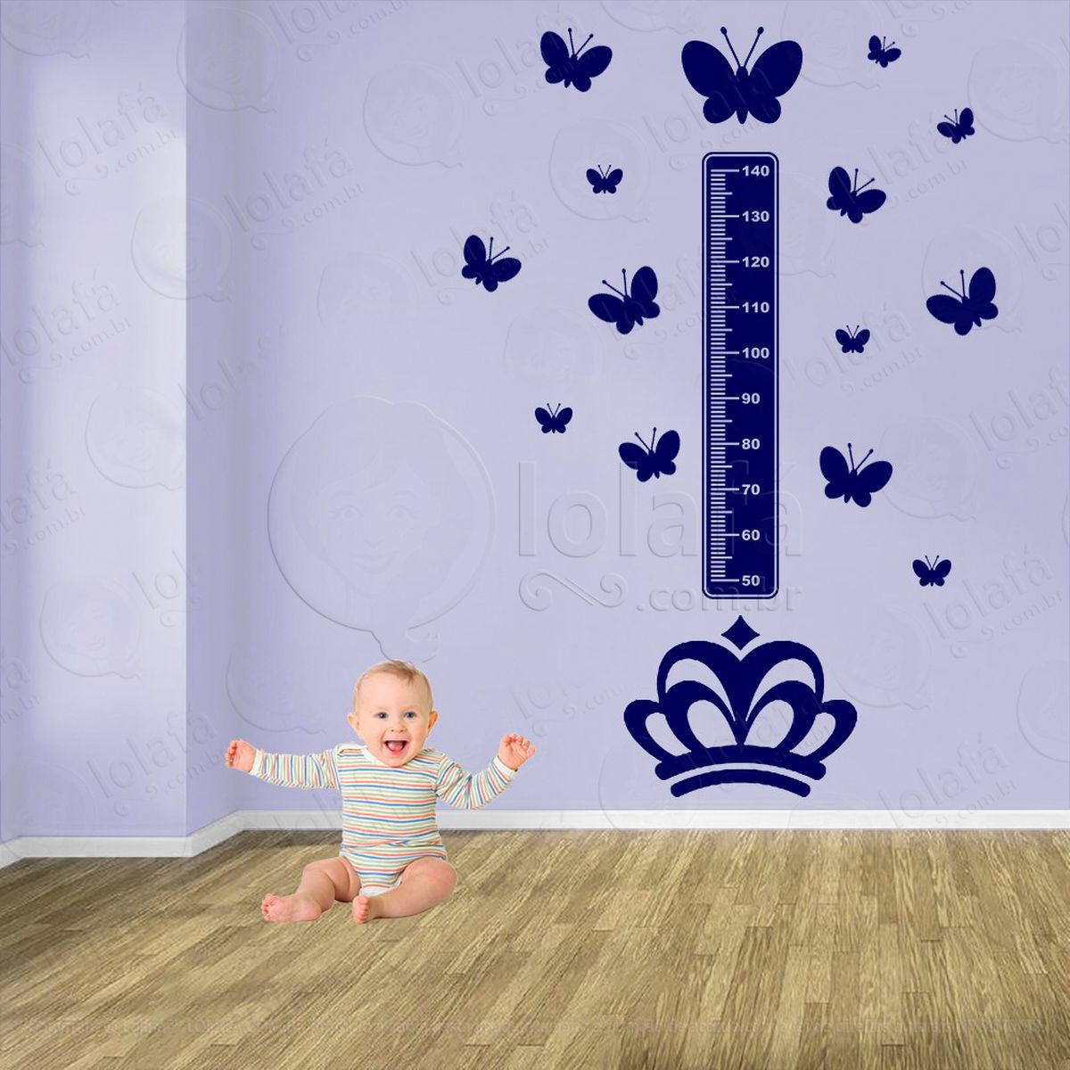 coroa e borboletas adesivo régua de crescimento infantil, medidor de altura para quarto, porta e parede - mod:585
