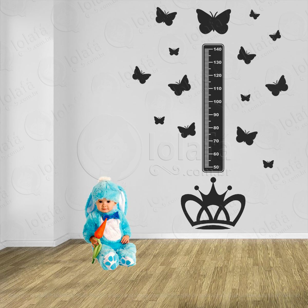 coroa e borboletas adesivo régua de crescimento infantil, medidor de altura para quarto, porta e parede - mod:589