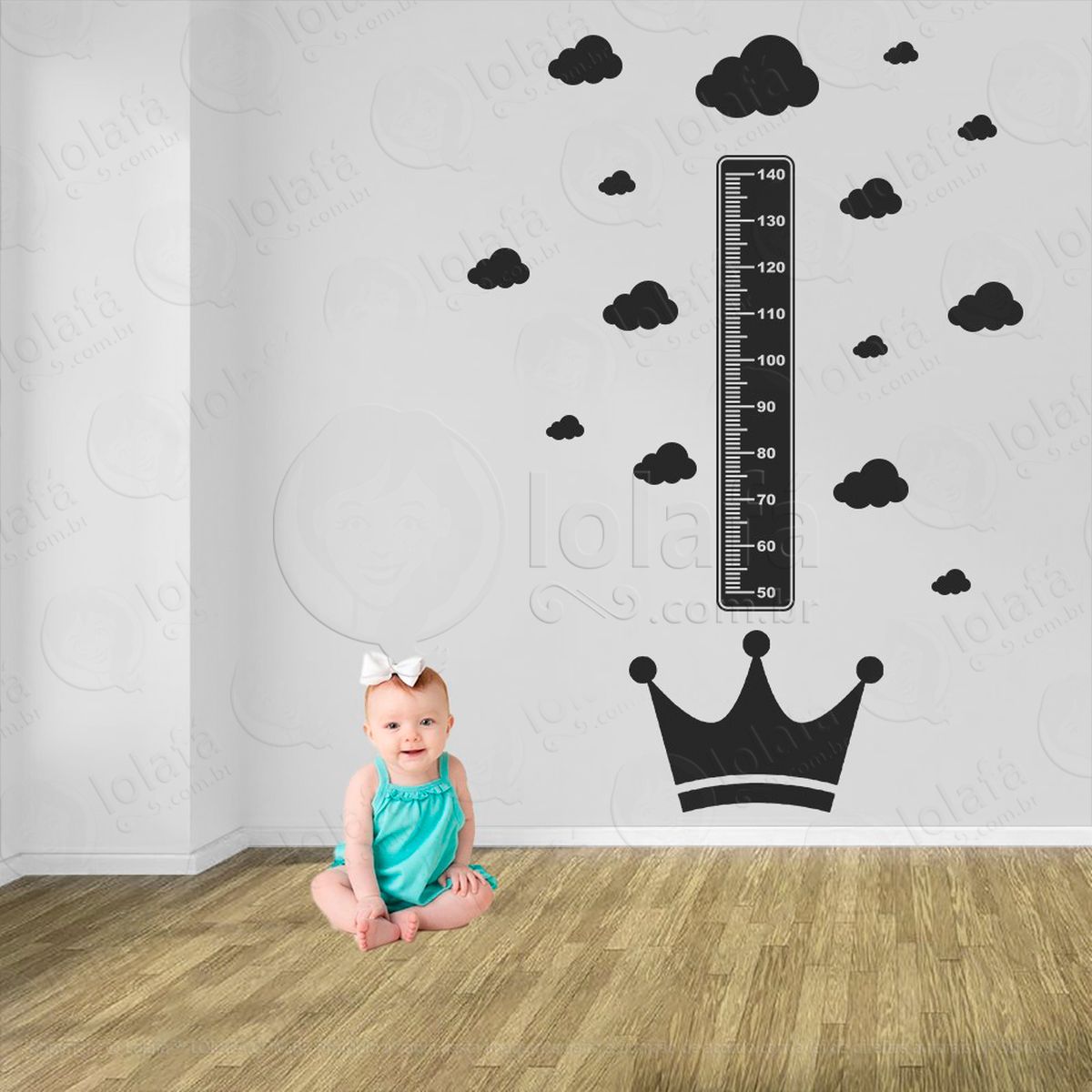 coroa e nuvens adesivo régua de crescimento infantil, medidor de altura para quarto, porta e parede - mod:592