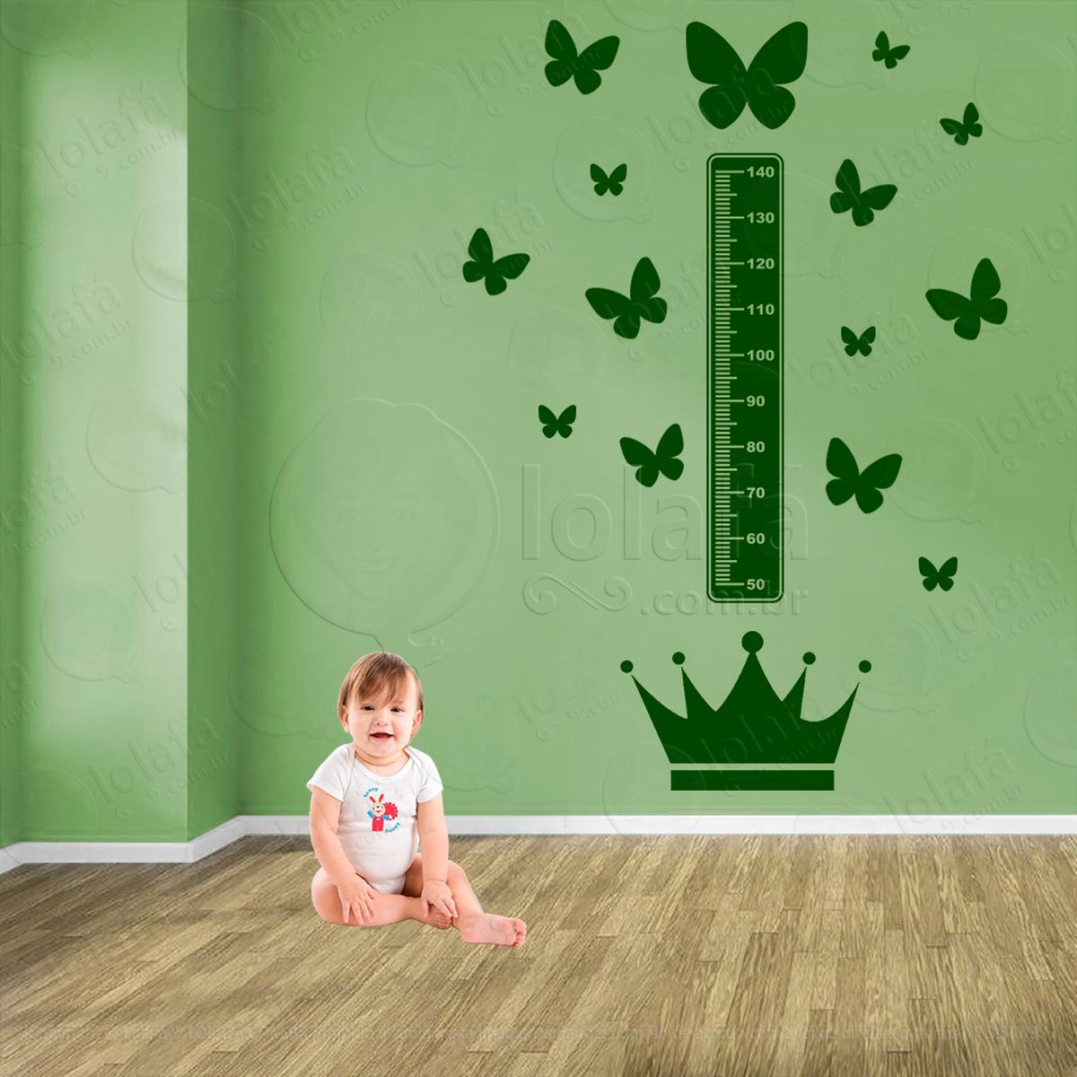 coroa e borboletas adesivo régua de crescimento infantil, medidor de altura para quarto, porta e parede - mod:599