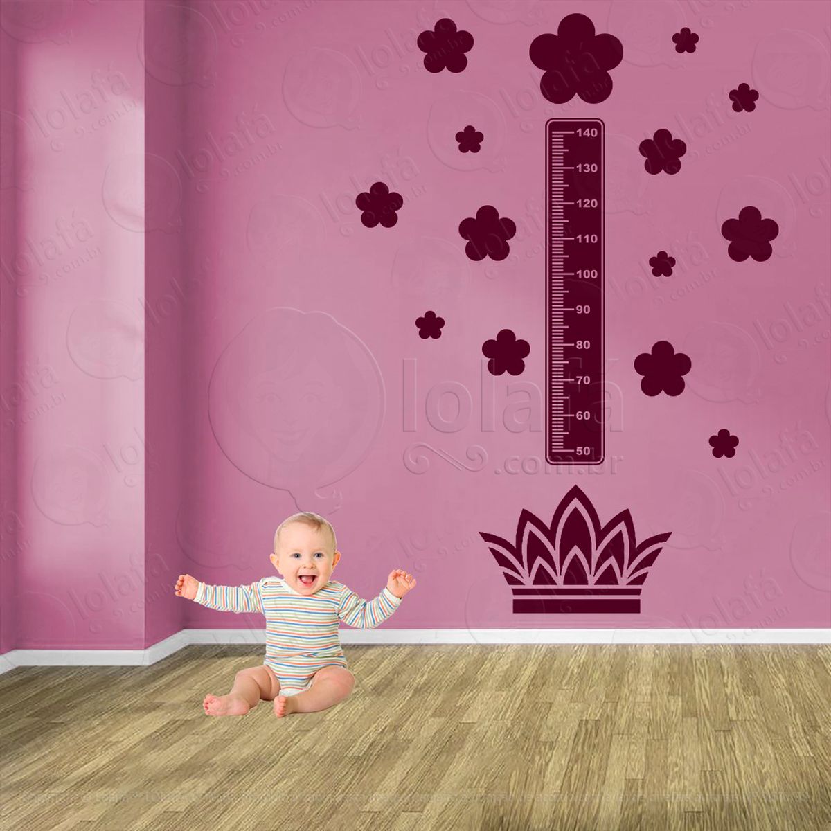 coroa e flores adesivo régua de crescimento infantil, medidor de altura para quarto, porta e parede - mod:600