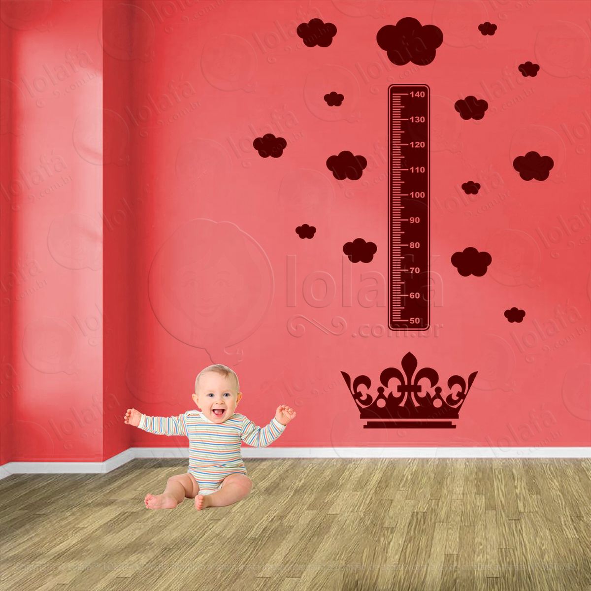coroa e nuvens adesivo régua de crescimento infantil, medidor de altura para quarto, porta e parede - mod:602