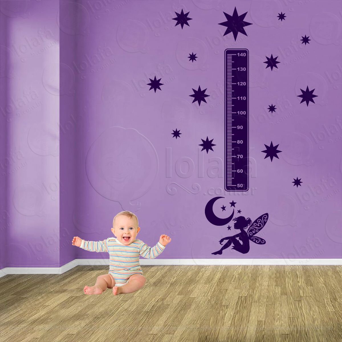 fada e estrelas adesivo régua de crescimento infantil, medidor de altura para quarto, porta e parede - mod:613